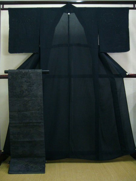 Photo1: Vintage Japanese KIMONO/OBI assorted set Black Summer Silk (1)