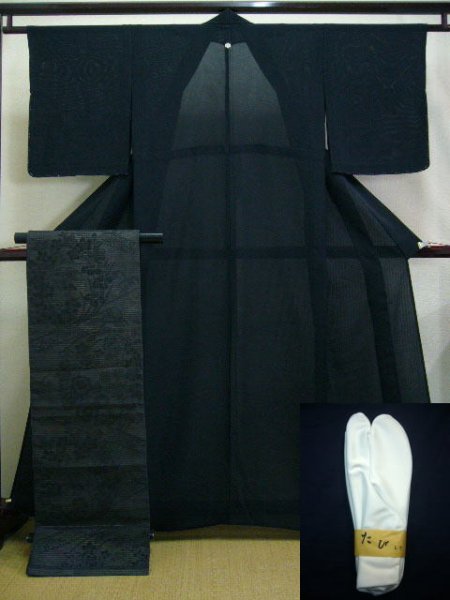 Photo1: A124D-XP Vintage Japanese Black Silk Summer KIMONO/OBI assorted set w/White TABI (1)