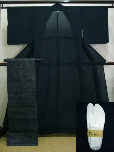 Photo1: A124D-XR Vintage Japanese Black Silk Summer KIMONO/OBI assorted set w/White TABI (1)