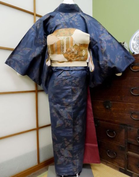 Photo2: CL1014M OSHIMA TSUMGI pongee (Grade B) and NAGOYA OBI sash (Grade C) (2)