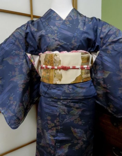 Photo3: CL1014M OSHIMA TSUMGI pongee (Grade B) and NAGOYA OBI sash (Grade C) (3)