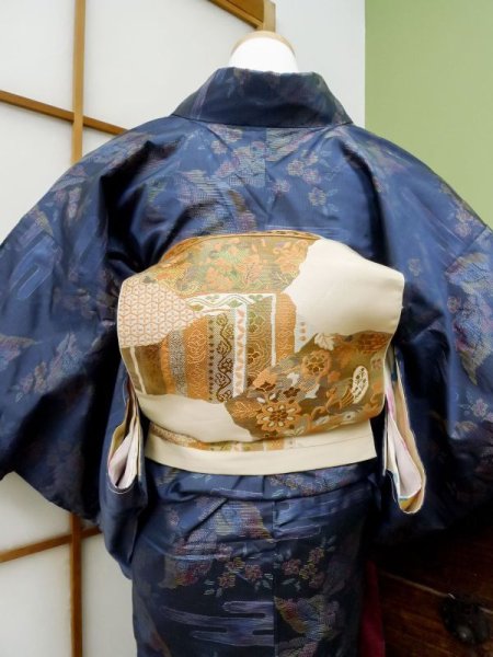 Photo6: CL1014M OSHIMA TSUMGI pongee (Grade B) and NAGOYA OBI sash (Grade C) (6)