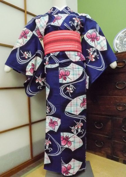 Photo1: CN0201H Pour Dyed Yukata (Grade B) and HANHABA OBI half width sash (Grade B) (1)