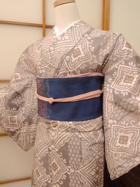 Photo3: CO0221E TSUMUGI pongee (Grade B) and NAGOYA OBI sash (Grade A) (3)