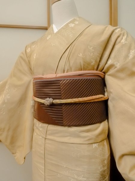 Photo3: CO0221G TSUMUGI pongee (Grade B) and FUKURO OBI sash (Grade A) (3)