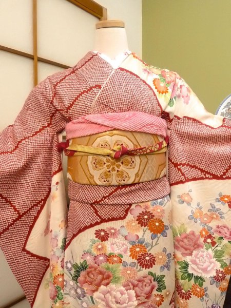Photo2: CO0305A FURISODE long-sleeved (Grade B) and FUKURO OBI sash (Grade B) (2)