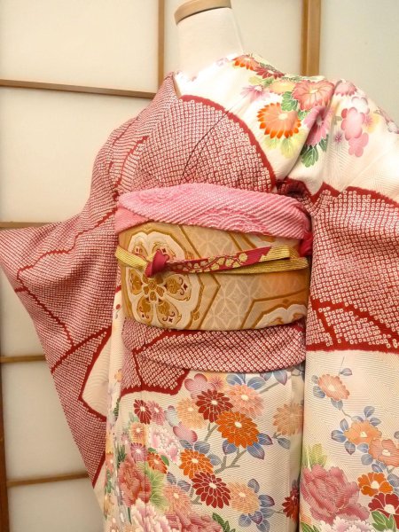 Photo3: CO0305A FURISODE long-sleeved (Grade B) and FUKURO OBI sash (Grade B) (3)