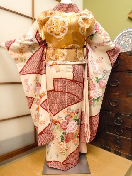 Photo4: CO0305A FURISODE long-sleeved (Grade B) and FUKURO OBI sash (Grade B) (4)