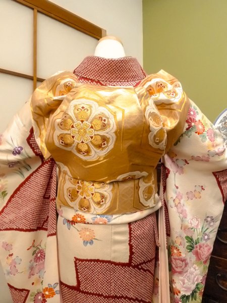 Photo5: CO0305A FURISODE long-sleeved (Grade B) and FUKURO OBI sash (Grade B) (5)