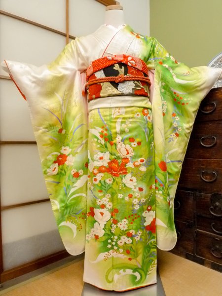 Photo1: CO0305B FURISODE long-sleeved (Grade B) and FUKURO OBI sash (Grade A) (1)