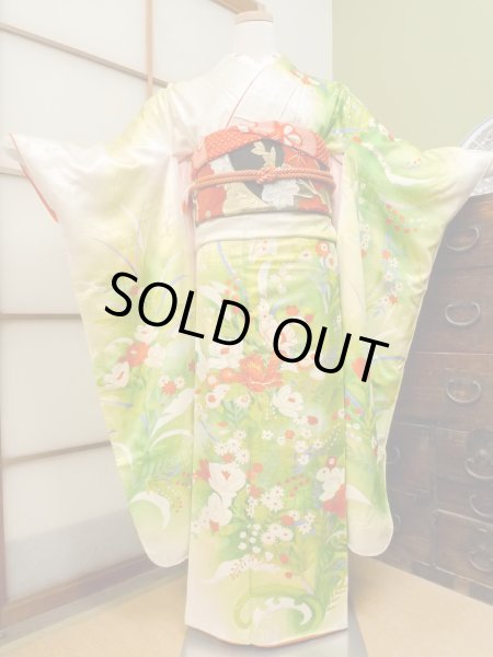 Photo1: CO0305B FURISODE long-sleeved (Grade B) and FUKURO OBI sash (Grade A) (1)