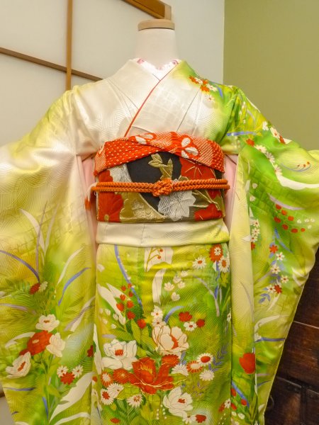 Photo2: CO0305B FURISODE long-sleeved (Grade B) and FUKURO OBI sash (Grade A) (2)