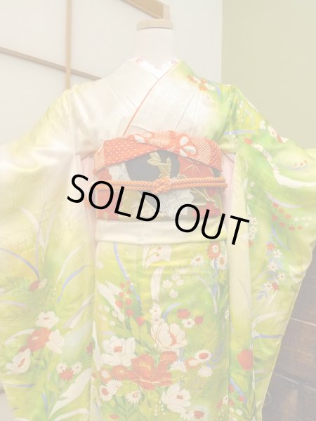 Photo2: CO0305B FURISODE long-sleeved (Grade B) and FUKURO OBI sash (Grade A) (2)