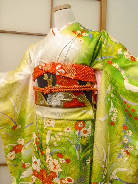 Photo3: CO0305B FURISODE long-sleeved (Grade B) and FUKURO OBI sash (Grade A) (3)
