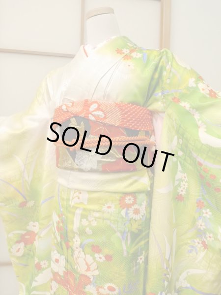 Photo3: CO0305B FURISODE long-sleeved (Grade B) and FUKURO OBI sash (Grade A) (3)