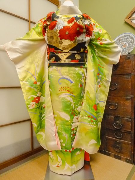 Photo4: CO0305B FURISODE long-sleeved (Grade B) and FUKURO OBI sash (Grade A) (4)