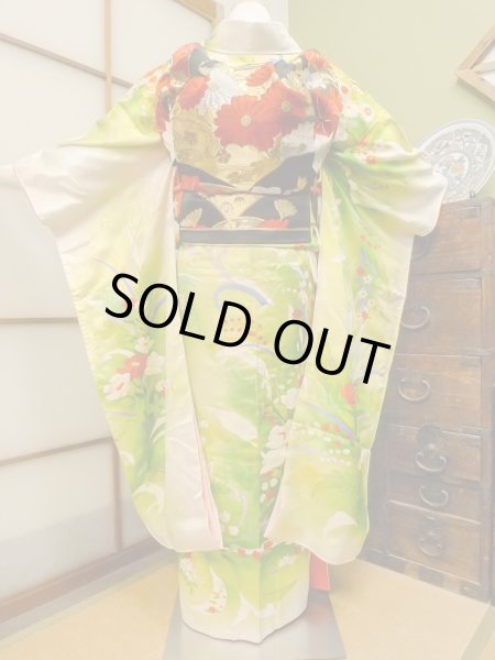 Photo4: CO0305B FURISODE long-sleeved (Grade B) and FUKURO OBI sash (Grade A) (4)