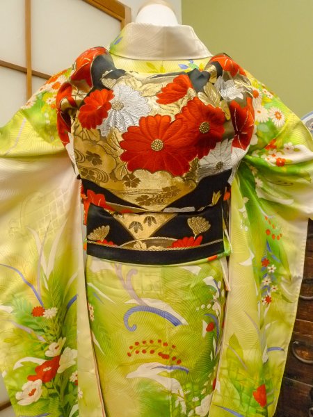 Photo5: CO0305B FURISODE long-sleeved (Grade B) and FUKURO OBI sash (Grade A) (5)