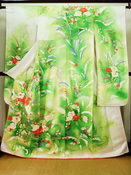 Photo6: CO0305B FURISODE long-sleeved (Grade B) and FUKURO OBI sash (Grade A) (6)