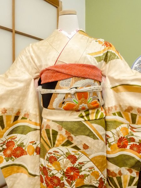 Photo2: CO0305C FURISODE long-sleeved (Grade A) and FUKURO OBI sash (Grade A) (2)