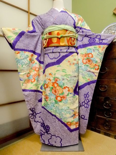 Photo1: CO0305D FURISODE long-sleeved (Grade B) and FUKURO OBI sash (Grade B) (1)