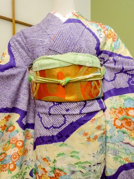 Photo2: CO0305D FURISODE long-sleeved (Grade B) and FUKURO OBI sash (Grade B) (2)