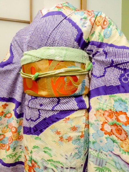 Photo3: CO0305D FURISODE long-sleeved (Grade B) and FUKURO OBI sash (Grade B) (3)