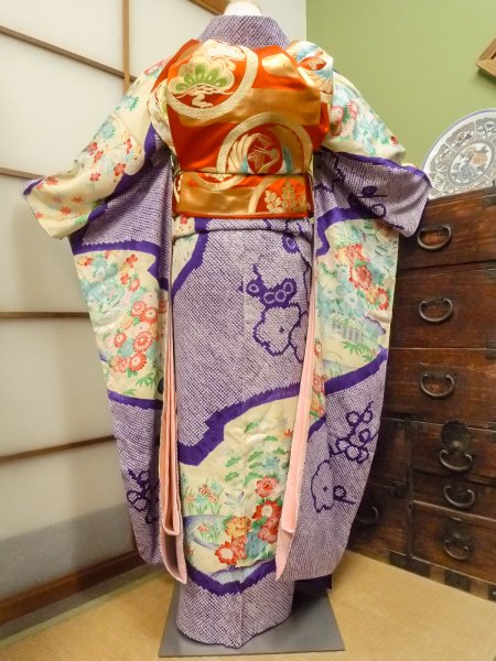 Photo4: CO0305D FURISODE long-sleeved (Grade B) and FUKURO OBI sash (Grade B) (4)