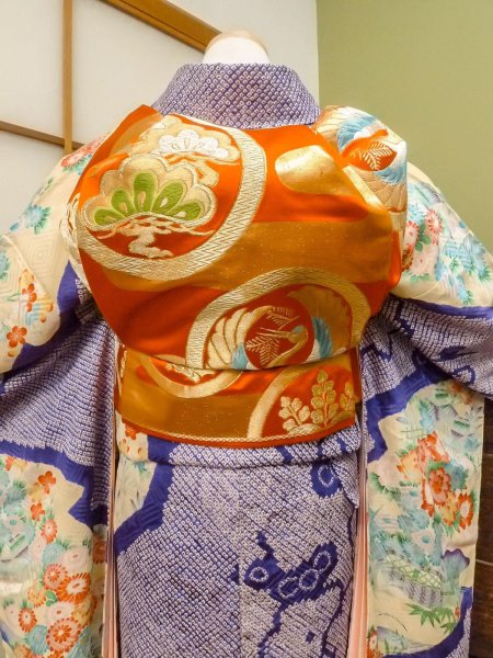 Photo5: CO0305D FURISODE long-sleeved (Grade B) and FUKURO OBI sash (Grade B) (5)
