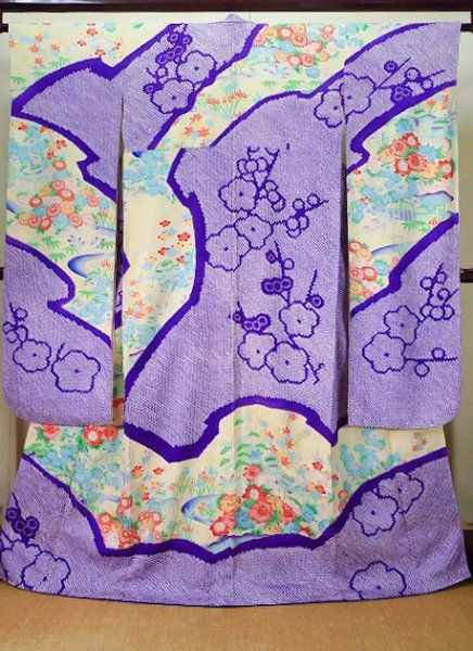 Photo7: CO0305D FURISODE long-sleeved (Grade B) and FUKURO OBI sash (Grade B) (7)