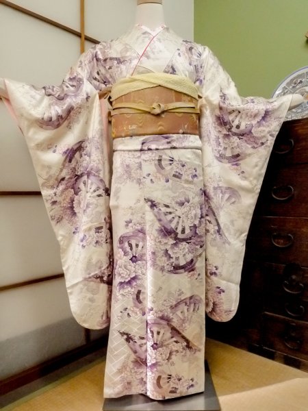 Photo1: CO0305E FURISODE long-sleeved (Grade B) and FUKURO OBI sash (Grade A) (1)