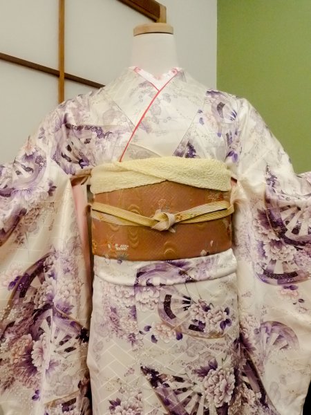 Photo2: CO0305E FURISODE long-sleeved (Grade B) and FUKURO OBI sash (Grade A) (2)