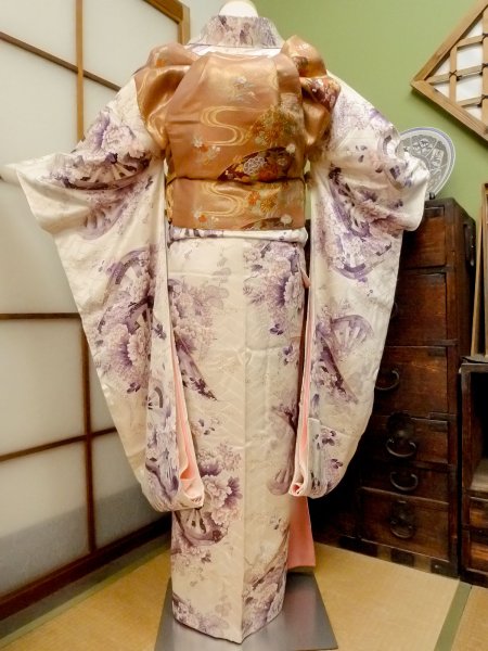 Photo4: CO0305E FURISODE long-sleeved (Grade B) and FUKURO OBI sash (Grade A) (4)