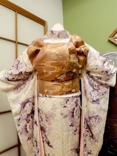Photo5: CO0305E FURISODE long-sleeved (Grade B) and FUKURO OBI sash (Grade A) (5)