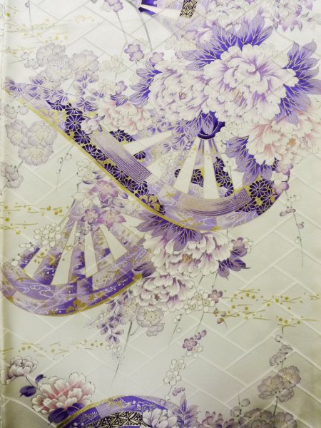 Photo16: CO0305E FURISODE long-sleeved (Grade B) and FUKURO OBI sash (Grade A) (16)