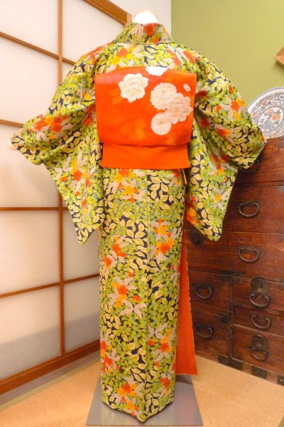 Photo4: CO0319D KOMON dyed (Grade A) and FUKURO NAGOYA Obi (Grade A) (4)