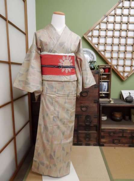 Photo1: CL0601D OSHIMA TSUMGI pongee (Grade A) and NAGOYA OBI sash (Grade A) (1)