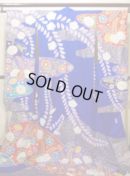 Photo2: Mint F0210A Vintage Japanese Kimono  Bright Navy Blue KAKESHITA under Uchikake Chrysanthemum Silk.  (Grade A) (2)