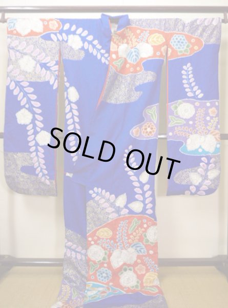 Photo4: Mint F0210A Vintage Japanese Kimono  Bright Navy Blue KAKESHITA under Uchikake Chrysanthemum Silk.  (Grade A) (4)