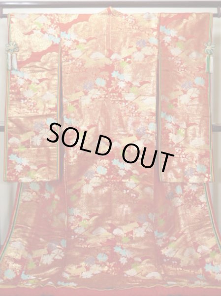 Photo2: F0210N Vintage Japanese Kimono   Red UCHIKAKE Wedding Flower Silk. (Grade B) (2)