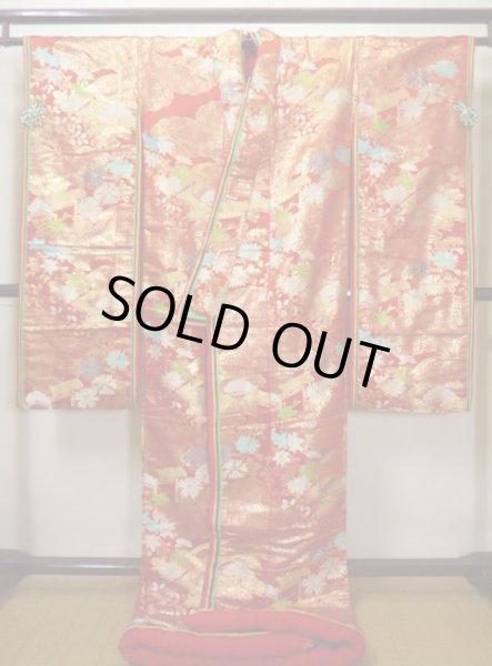 Photo3: F0210N Vintage Japanese Kimono   Red UCHIKAKE Wedding Flower Silk. (Grade B) (3)