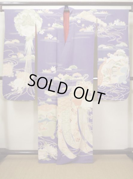 Photo3: F0530A Vintage Japanese Kimono  Dark Wisteria FURISODE long-sleeved Folding fan Silk.  (Grade C) (3)