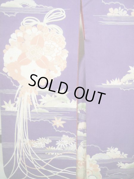 Photo6: F0530A Vintage Japanese Kimono  Dark Wisteria FURISODE long-sleeved Folding fan Silk.  (Grade C) (6)