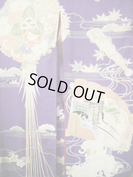 Photo7: F0530A Vintage Japanese Kimono  Dark Wisteria FURISODE long-sleeved Folding fan Silk.  (Grade C) (7)