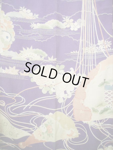 Photo9: F0530A Vintage Japanese Kimono  Dark Wisteria FURISODE long-sleeved Folding fan Silk.  (Grade C) (9)