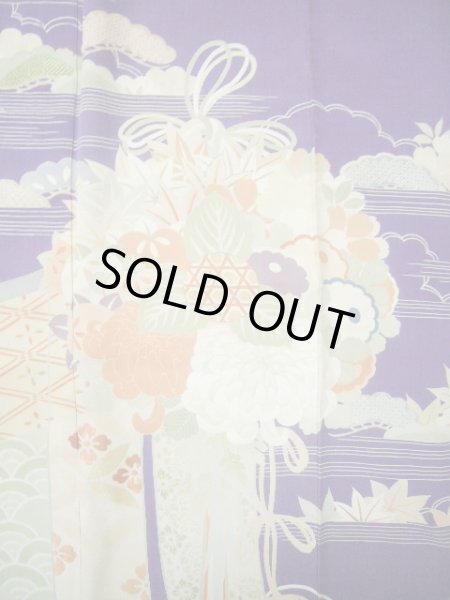 Photo10: F0530A Vintage Japanese Kimono  Dark Wisteria FURISODE long-sleeved Folding fan Silk.  (Grade C) (10)