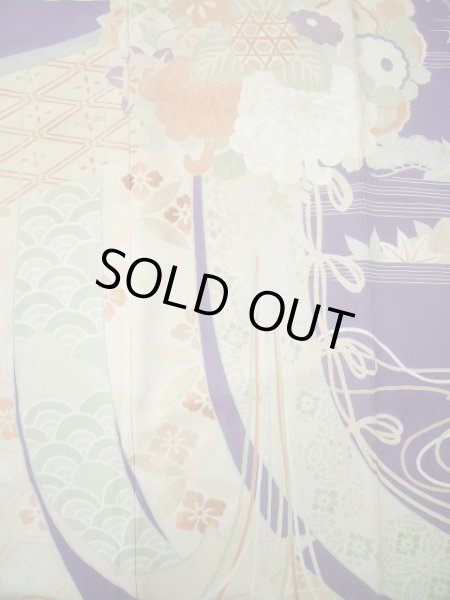 Photo11: F0530A Vintage Japanese Kimono  Dark Wisteria FURISODE long-sleeved Folding fan Silk.  (Grade C) (11)