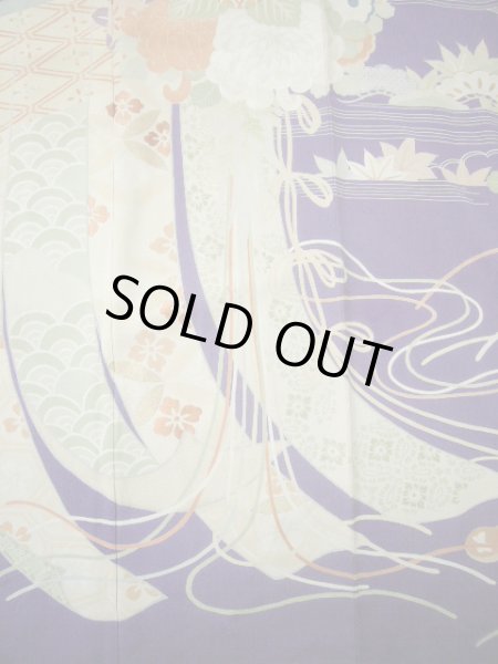 Photo12: F0530A Vintage Japanese Kimono  Dark Wisteria FURISODE long-sleeved Folding fan Silk.  (Grade C) (12)