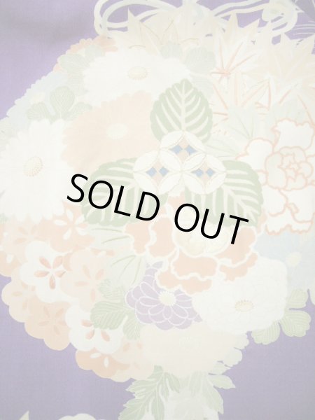 Photo13: F0530A Vintage Japanese Kimono  Dark Wisteria FURISODE long-sleeved Folding fan Silk.  (Grade C) (13)