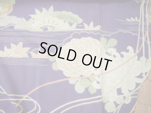 Photo14: F0530A Vintage Japanese Kimono  Dark Wisteria FURISODE long-sleeved Folding fan Silk.  (Grade C) (14)